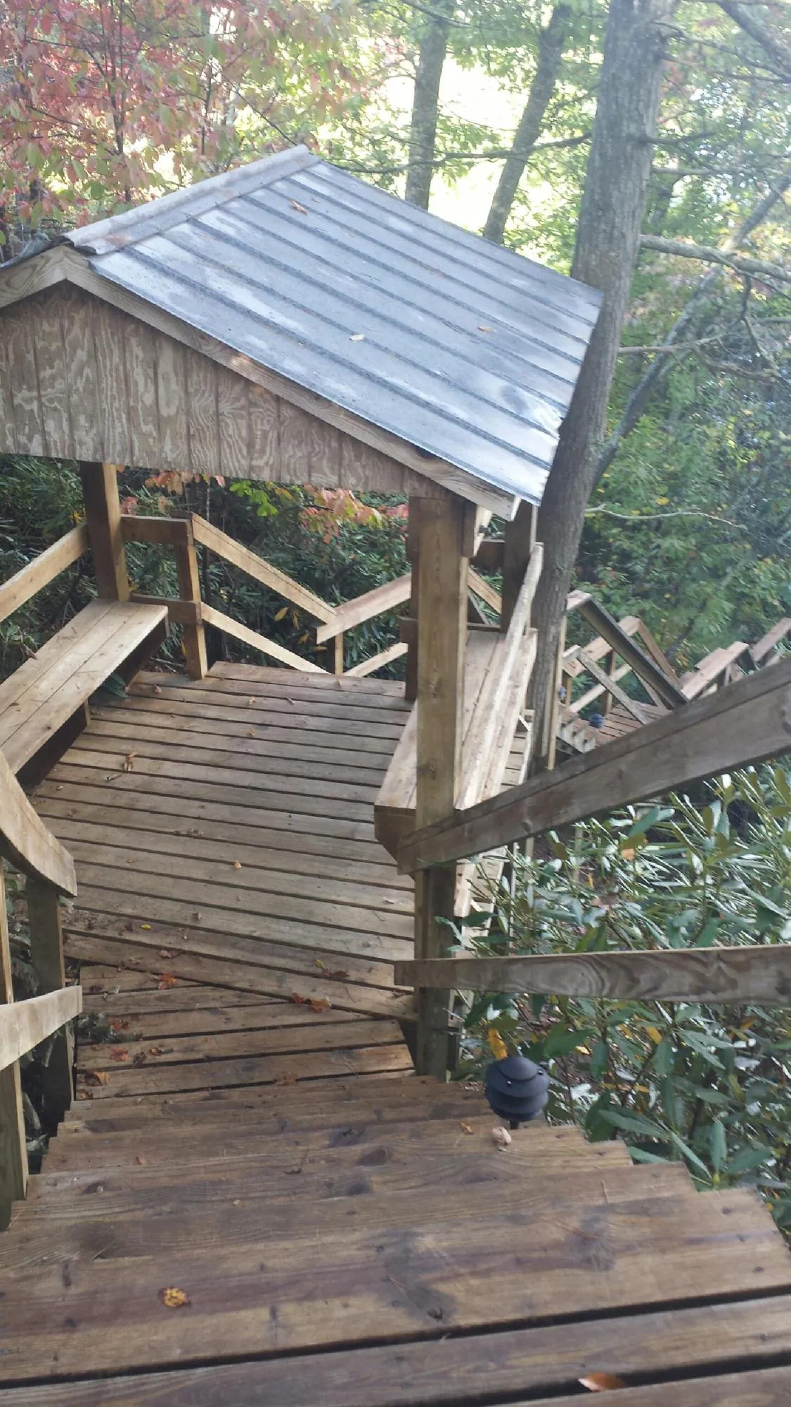 Metal roofed shelter over wooden steps on a wooded walkway — Skylight Repair & Installation work by our crew in Tolono